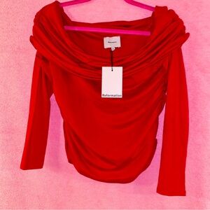 Reformation Off-Shoulder Long-Sleeve Top Blouse Scarlet Red Christmas Gift Large